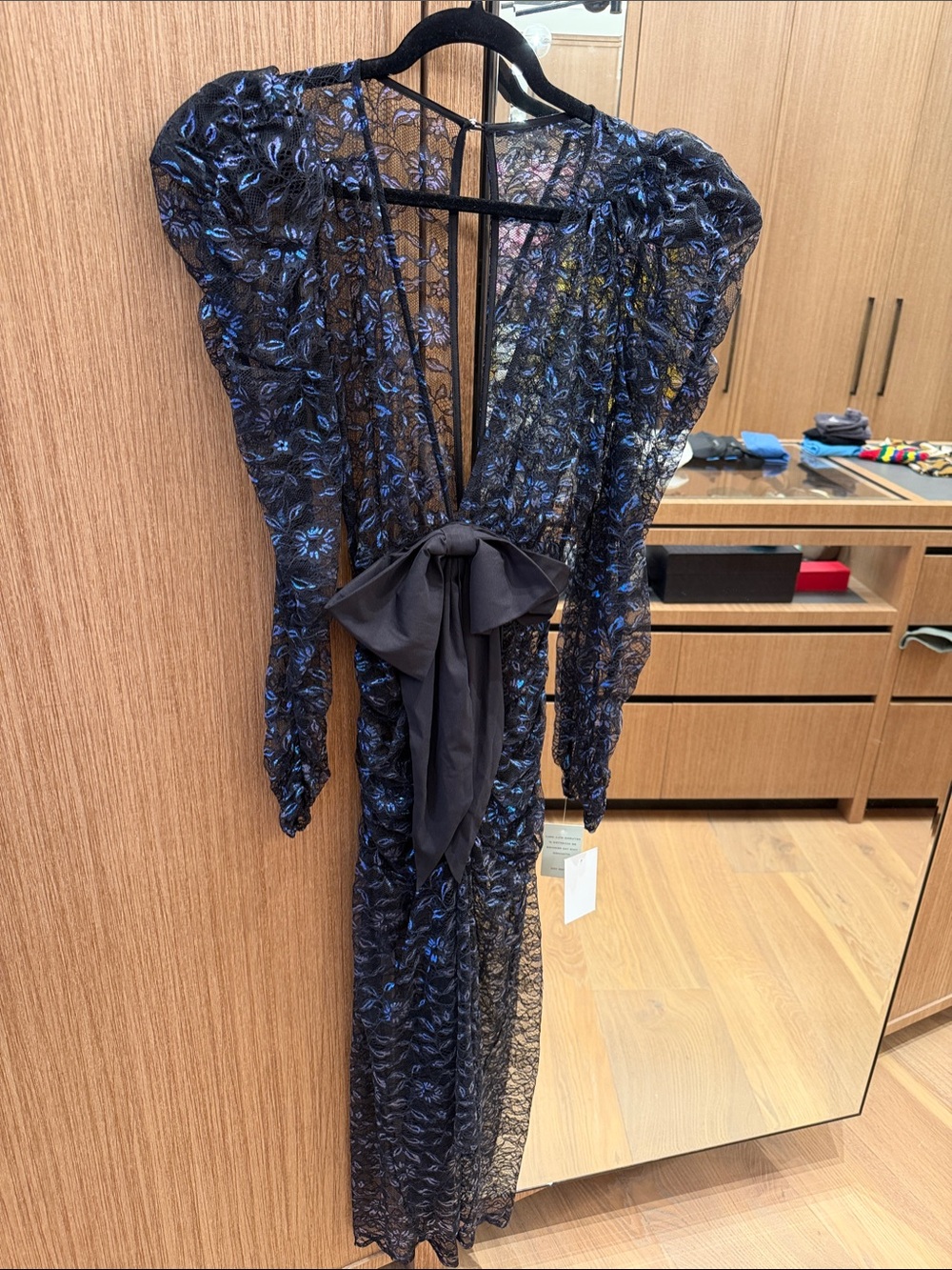 For Love & Lemons Black Transparent Midi Dress with Blue Iridescent lace